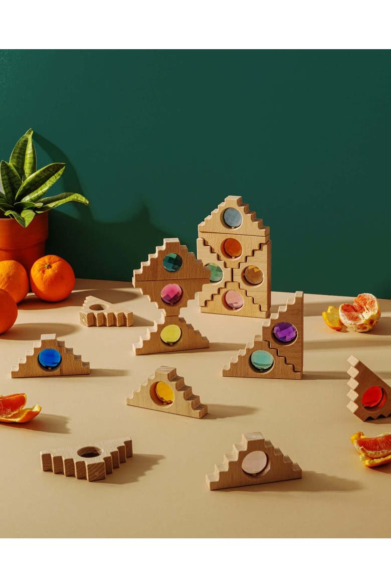 Kaia Pyramid Wooden Building Blocks with Acrylic Gem Windows - 16 Pieces, Alternate, color, Multicolor