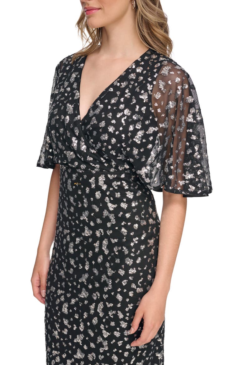 Sequin Faux Wrap Dress, Alternate, color, BLACK / SILVER