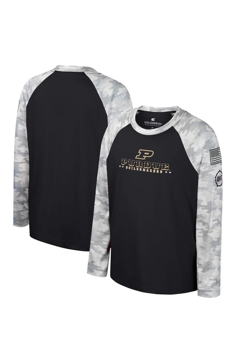 COLOSSEUM Youth Colosseum Black/Camo Purdue Boilermakers OHT Military Appreciation Dark Star Raglan Long Sleeve T-Shirt, Alternate, color, 