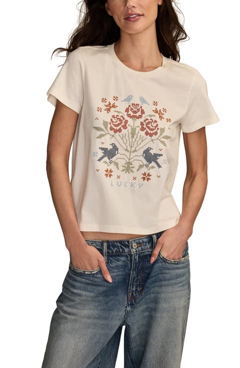 Floral Cross Stitch Embroidered Cotton Graphic T-Shirt