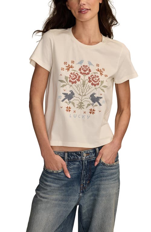 Lucky Brand Floral Cross Stitch Embroidered Cotton Graphic T-shirt In Gray