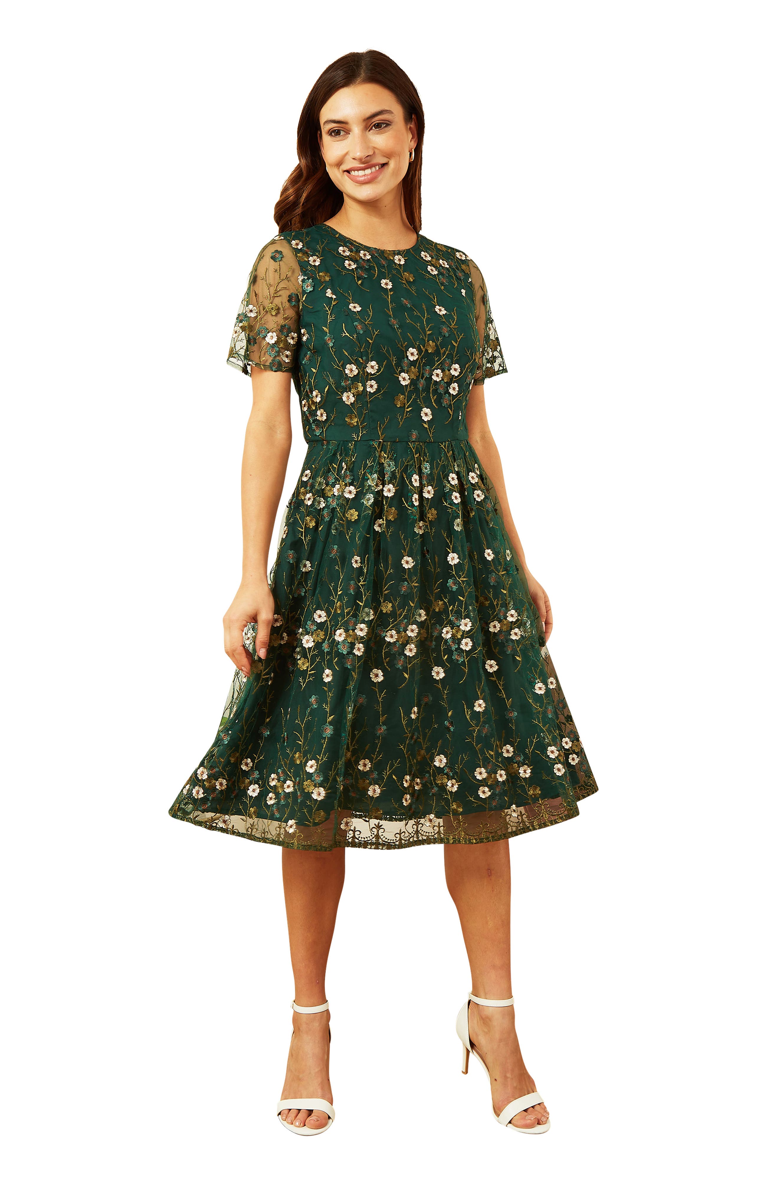 yumi skater dress Yumi Green Embroidered Floral Skater Dress