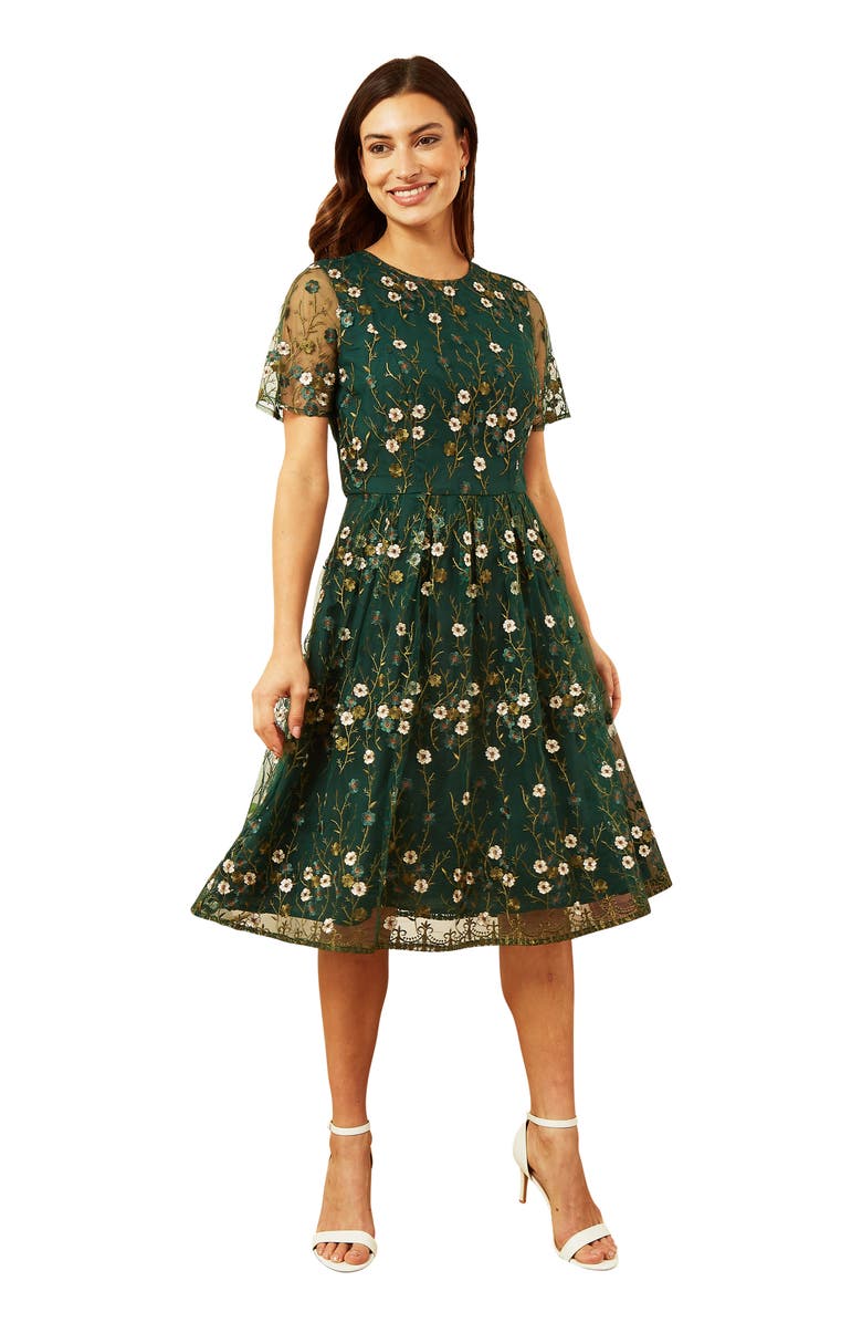 Yumi Embroidered Floral Skater Dress, Alternate, color, Green
