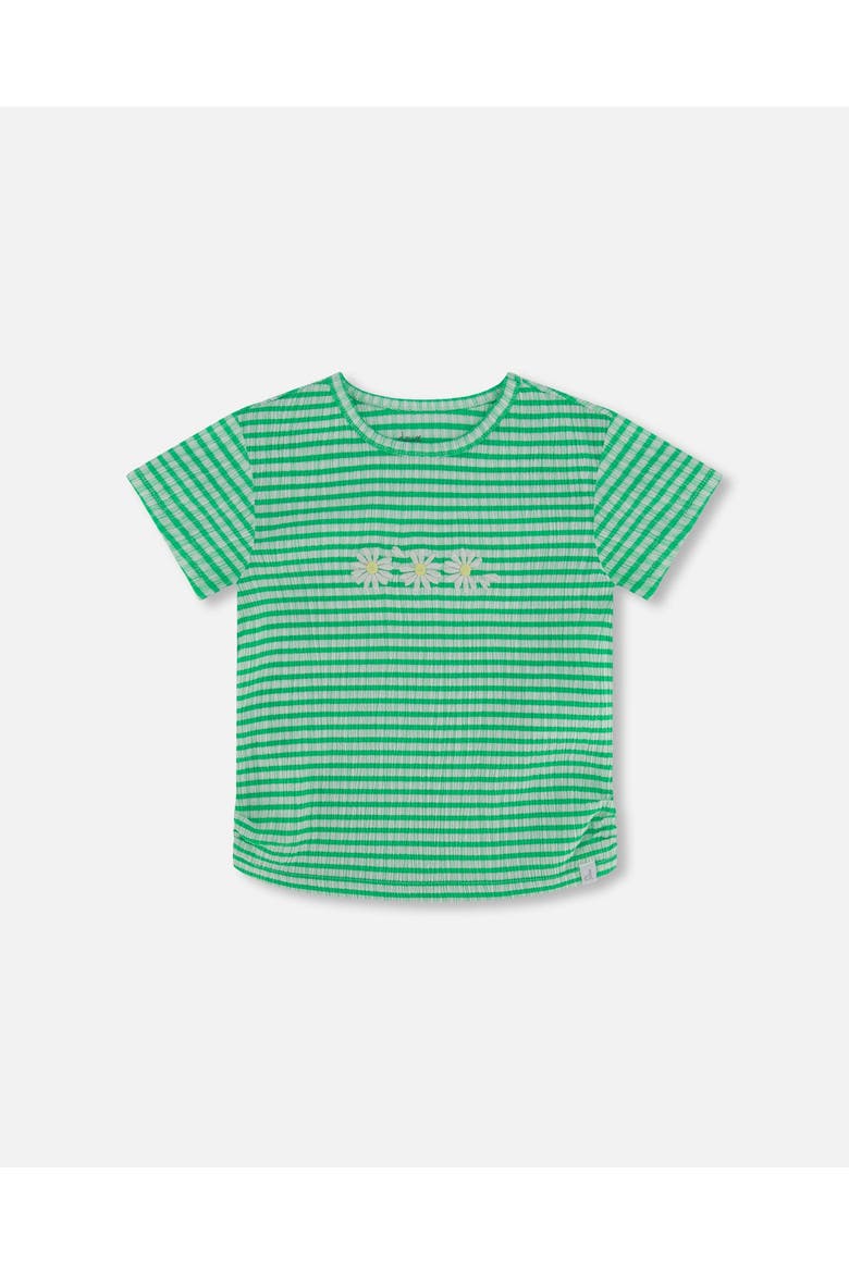 Little Girl's Crinkle Jersey Top With Flower Applique Vichy Green, Main, color, Vichy Green