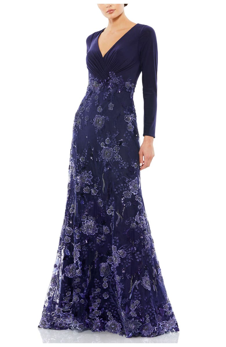 Mac Duggal Embellished Long Sleeve Wrap Over Trumpet Gown, Main, color, Midnight
