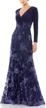 Mac Duggal Embellished Long Sleeve Wrap Over Trumpet Gown