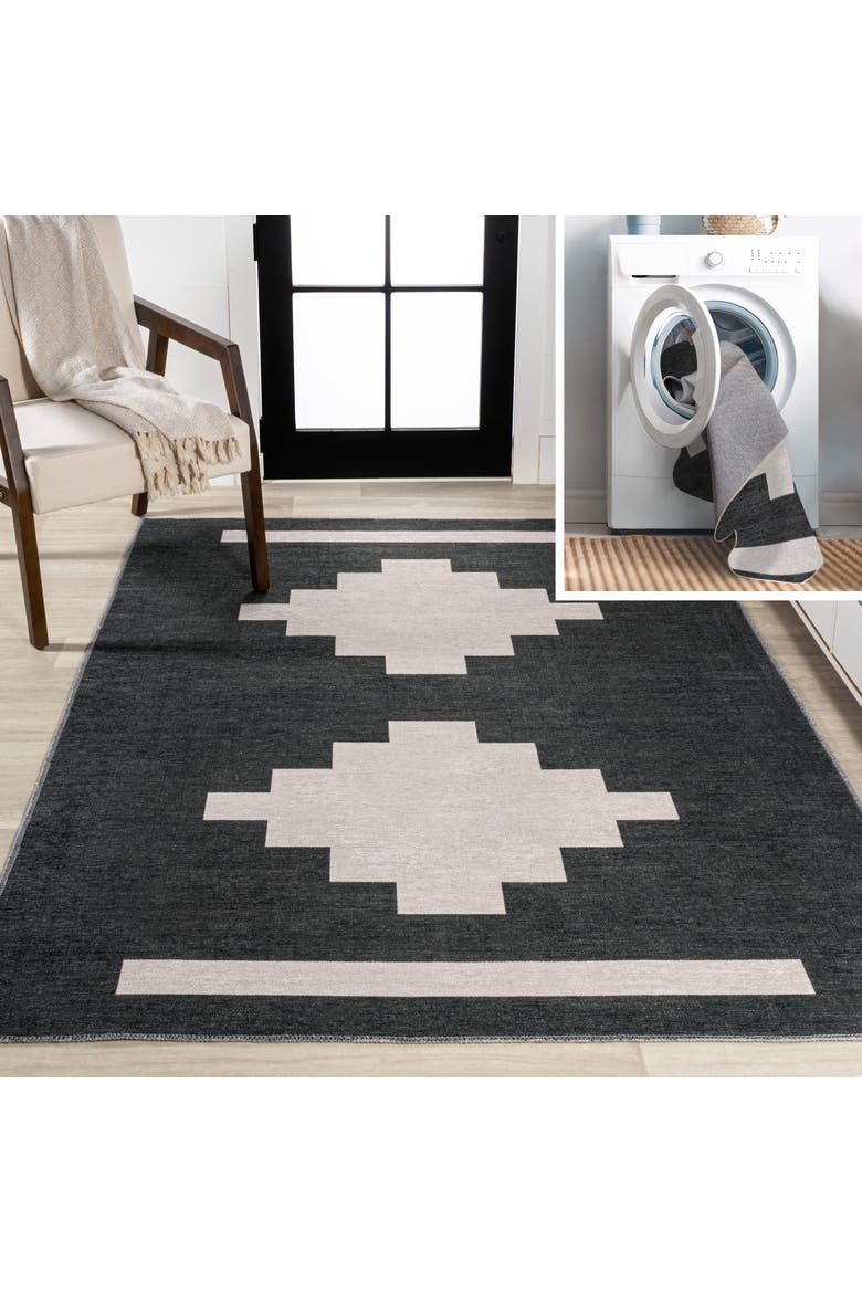 Adriel Geometric Medallion Machine-Washable Area Rug, Main, color, Black/Cream