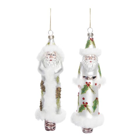 Glass Holly Pinecone Santa Set of Two Christmas Decor