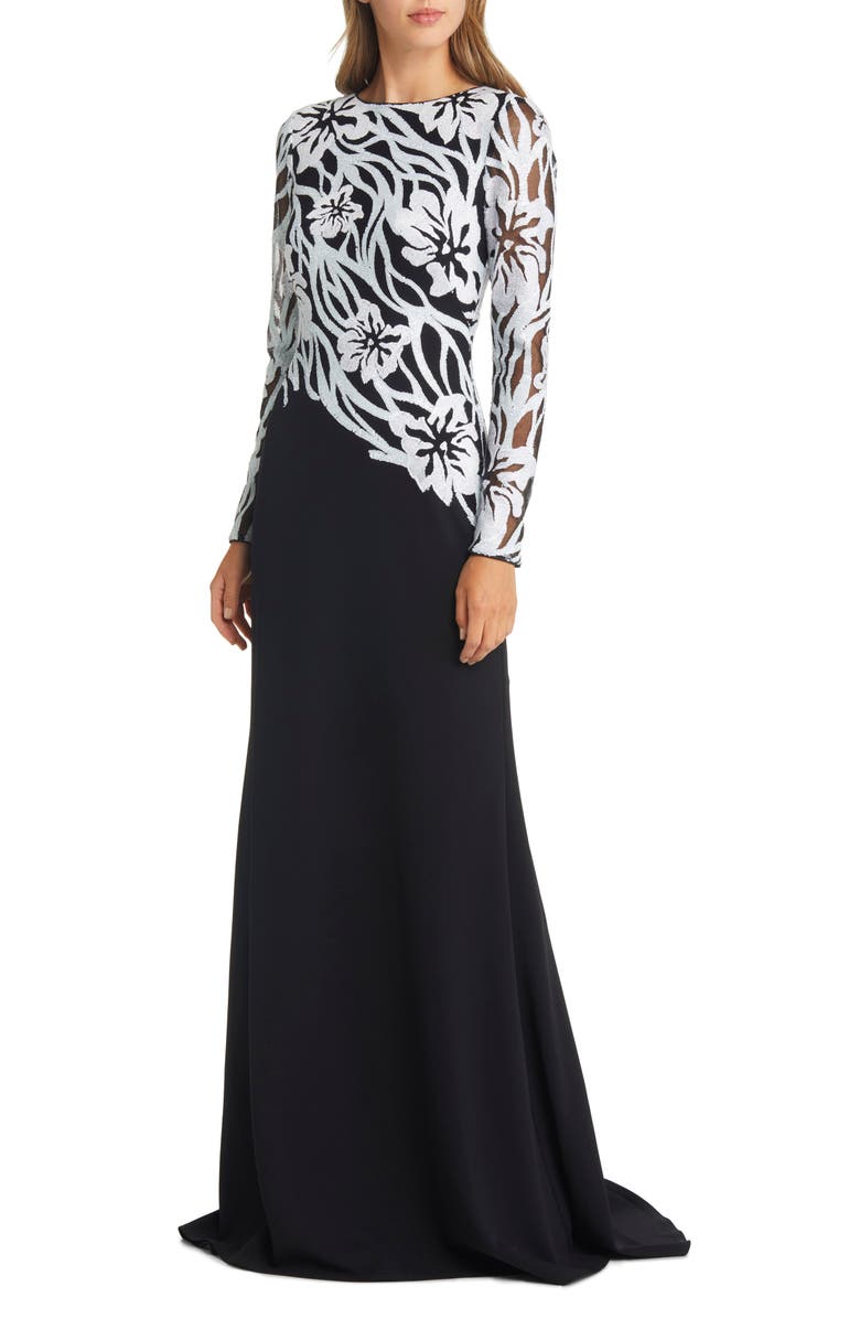 Tadashi Shoji Sequin Bodice Long Sleeve Gown, Main, color,