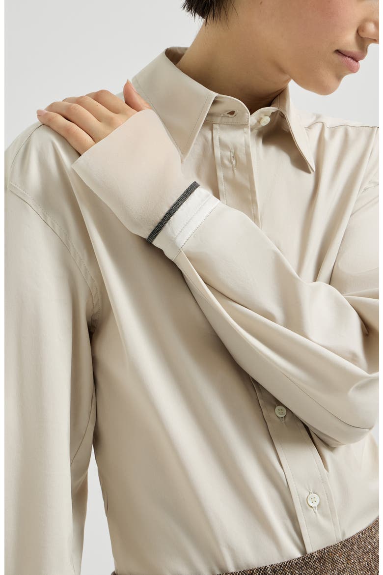 Stretch cotton poplin shirt with shiny silk cuffs, Alternate, color, Ivory