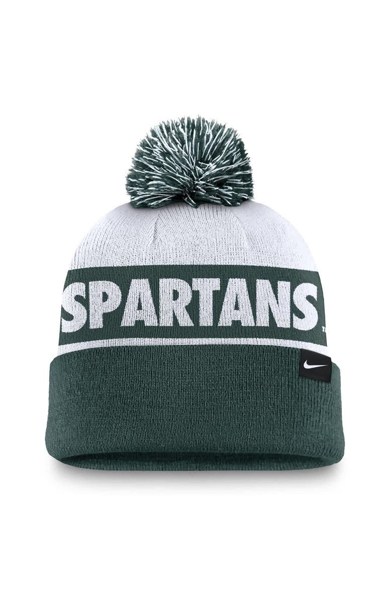 Nike Men's Nike White/Green Michigan State Spartans Primetime Peak Cuffed Knit Hat with Pom, Alternate, color, White