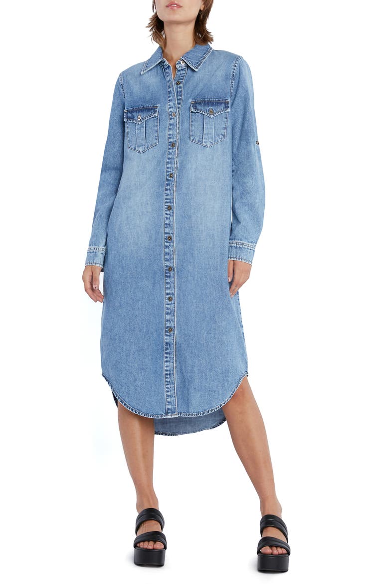 Denim Long Sleeve Maxi Shirtdress, Main, color, MARKET BLUE