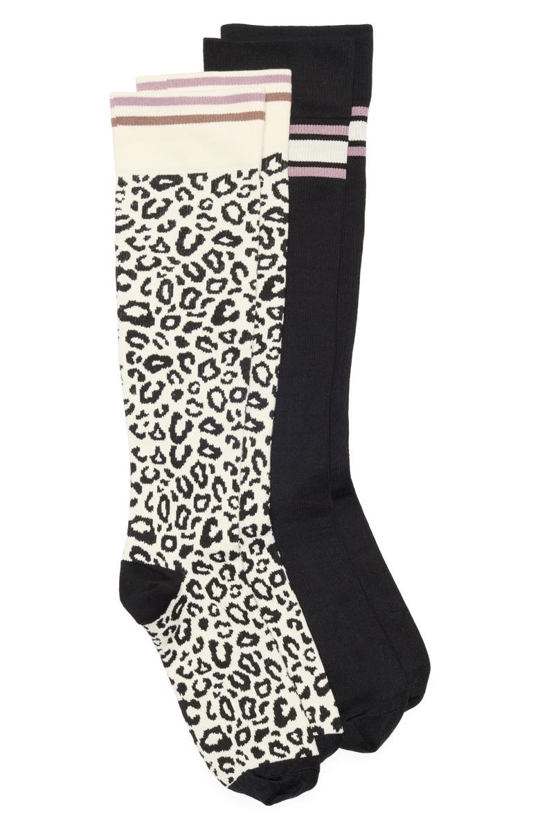 Z by Zella Assorted 2-Pack Graduated Compression Knee High Socks, Main, color, Black White Animal Varsit