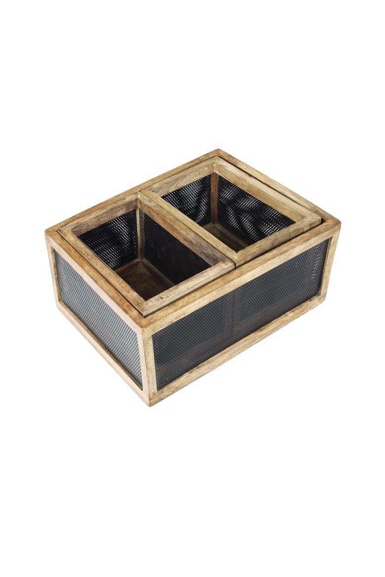 Fallon Modern Minimalist Handmade Wooden Metal Nesting Storage Baskets, Alternate, color, Black/Natural