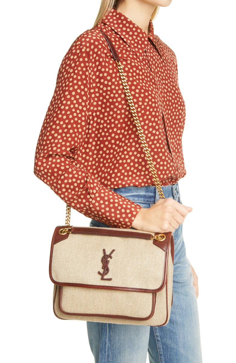 Saint Laurent Medium Niki Linen Canvas & Leather Shoulder Bag, Alternate, color,