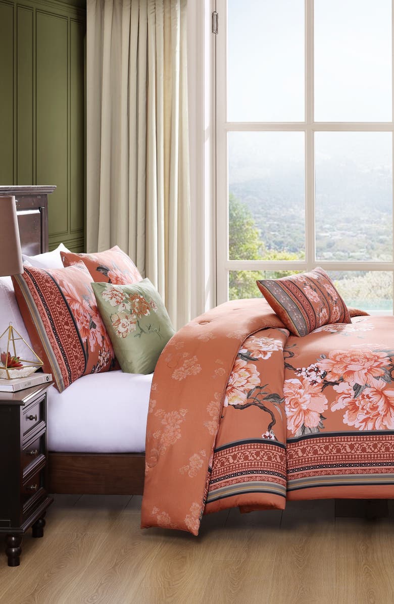 Bebejan Rossana Floral Cotton Sateen 5-Piece Comforter Set, Alternate, color, Orange