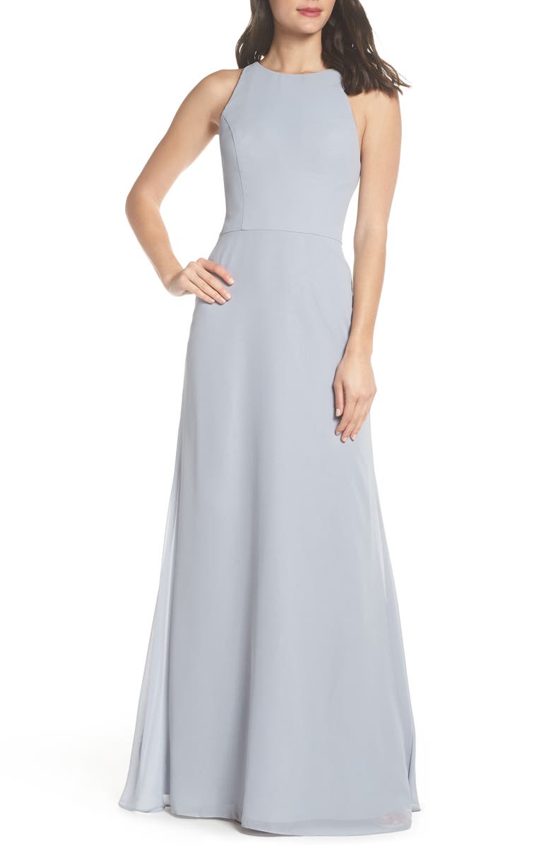 Hayley Paige Occasions Crewneck Chiffon Gown, Main, color, 