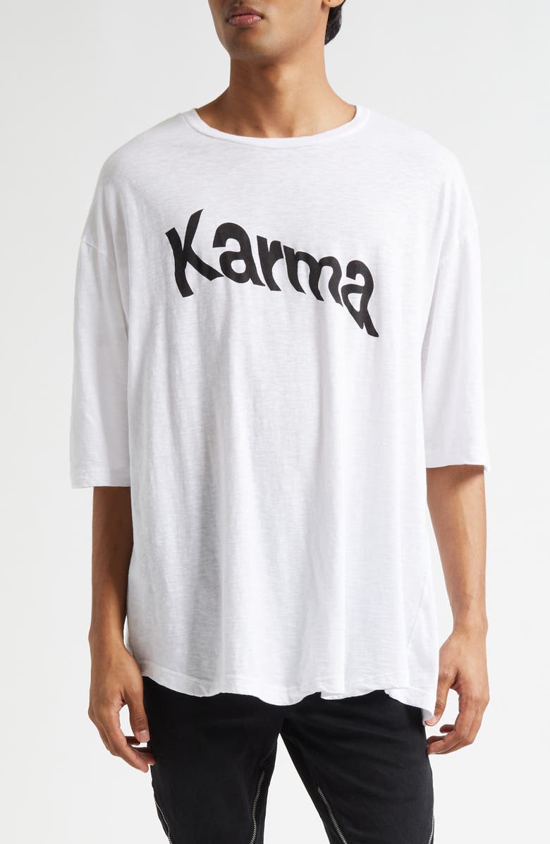 Undercover Karma Asymmetric Oversize Graphic T-Shirt, Main, color, White