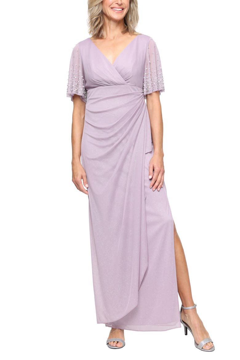 Imitation Pearl Detail Metallic Gown, Main, color, MAUVE