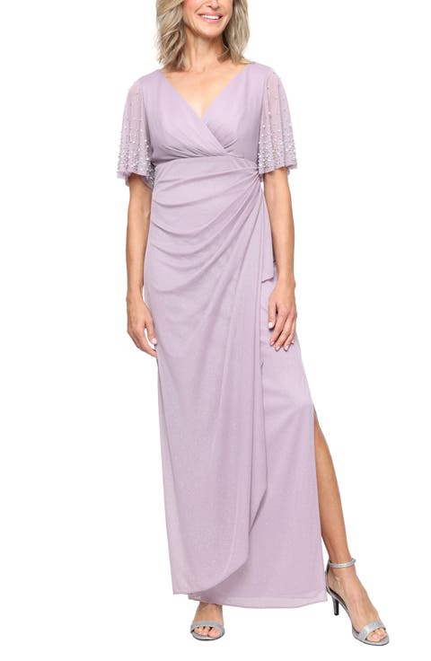 Imitation Pearl Detail Metallic Gown