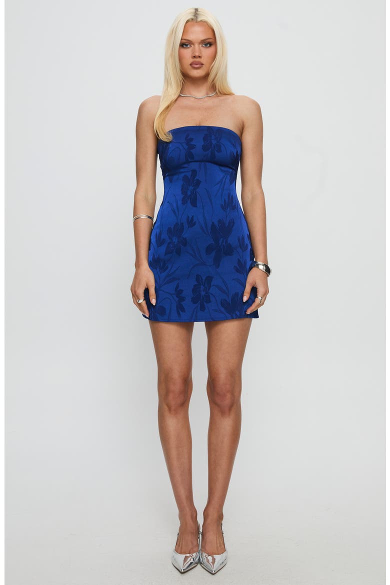 Ramie Jacquard Strapless Satin Minidress, Alternate, color, COBALT