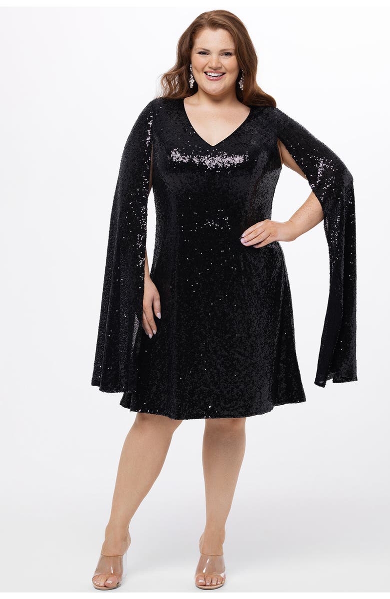 Celebrations by Sydney's Closet Sequin V-Neck Cape Sleeve Plus Size Party Dress, Main, color, Onyx