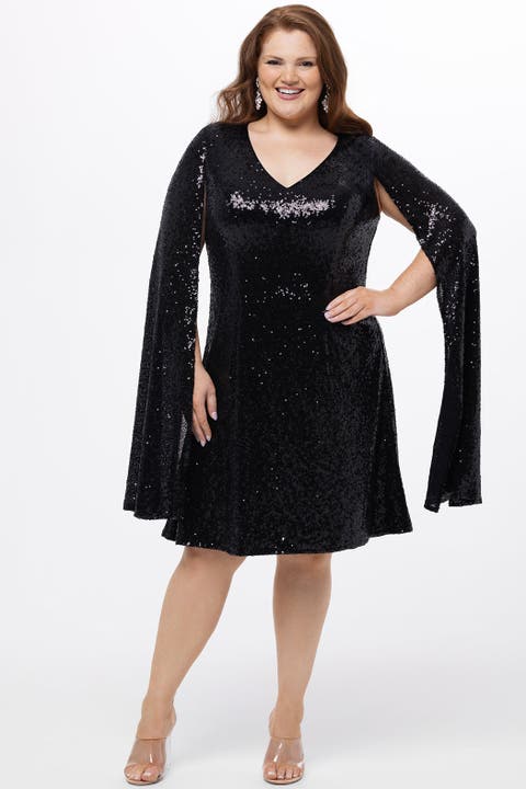 Sequin V-Neck Cape Sleeve Plus Size Party Dress