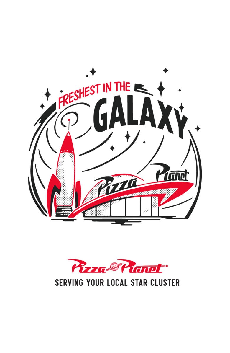 Toy Story Men's Toy Story Pizza Planet Freshest In The Galaxy Graphic T-Shirt, Alternate, color, White