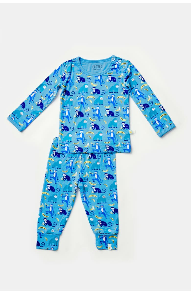 Clover Baby & Kids Long Sleeve Pajama Set - Monkeying Around Blue, Main, color, Monkeying Around Blue