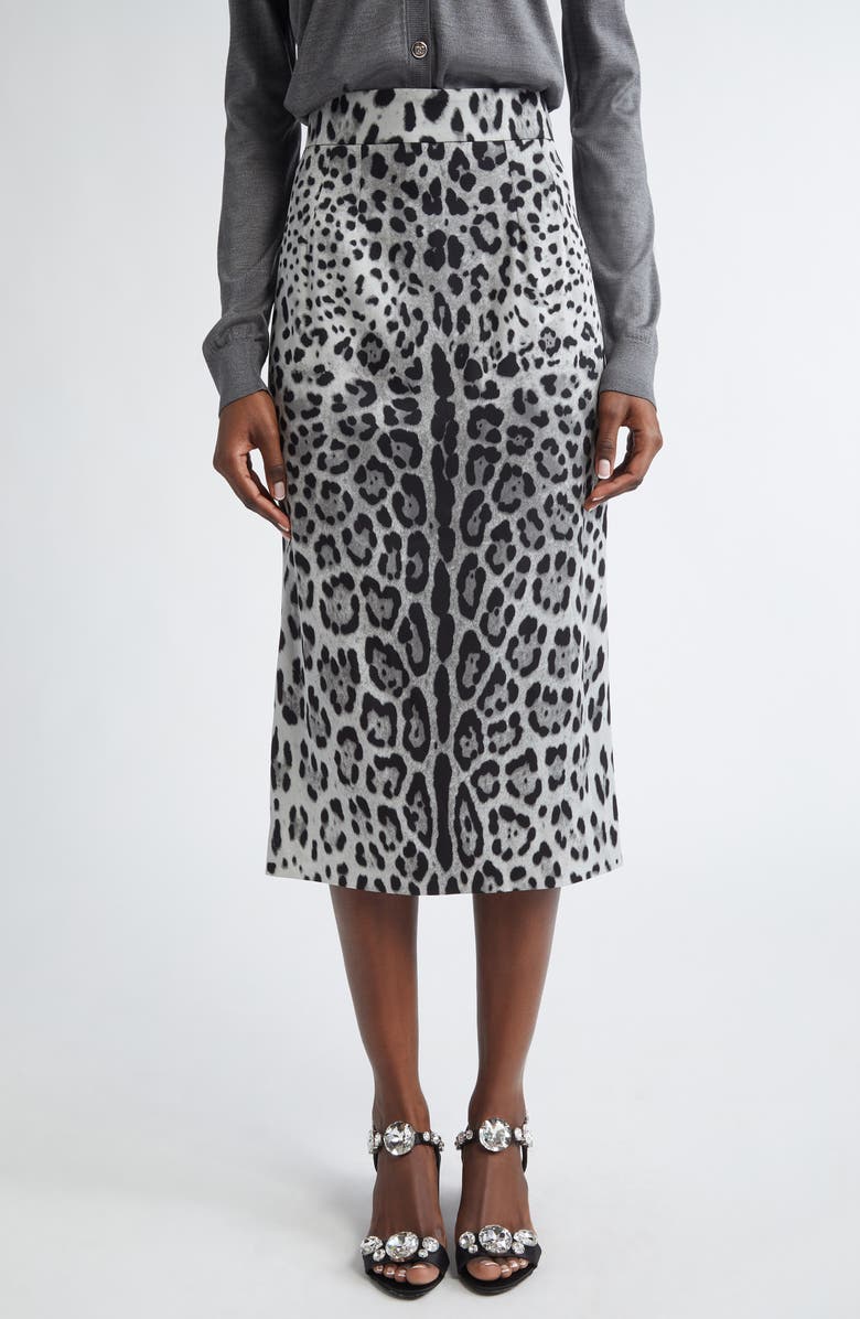 Dolce&Gabbana Leopard Print Stretch Silk Midi Skirt, Main, color, Hi13n Leo Nero Fdo Grigio
