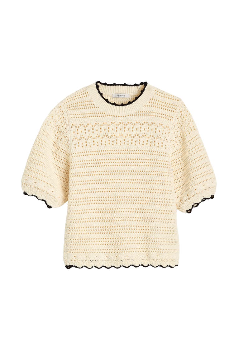 Puff-Sleeve Cotton Sweater T-Shirt, Alternate, color, IVORY WITH BLACK TIPPING