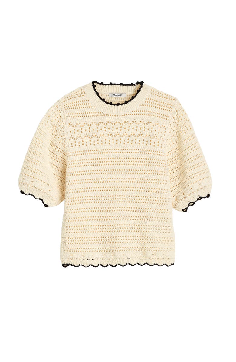 Madewell Puff-Sleeve Cotton Sweater T-Shirt, Alternate, color, Ivory With Black Tipping