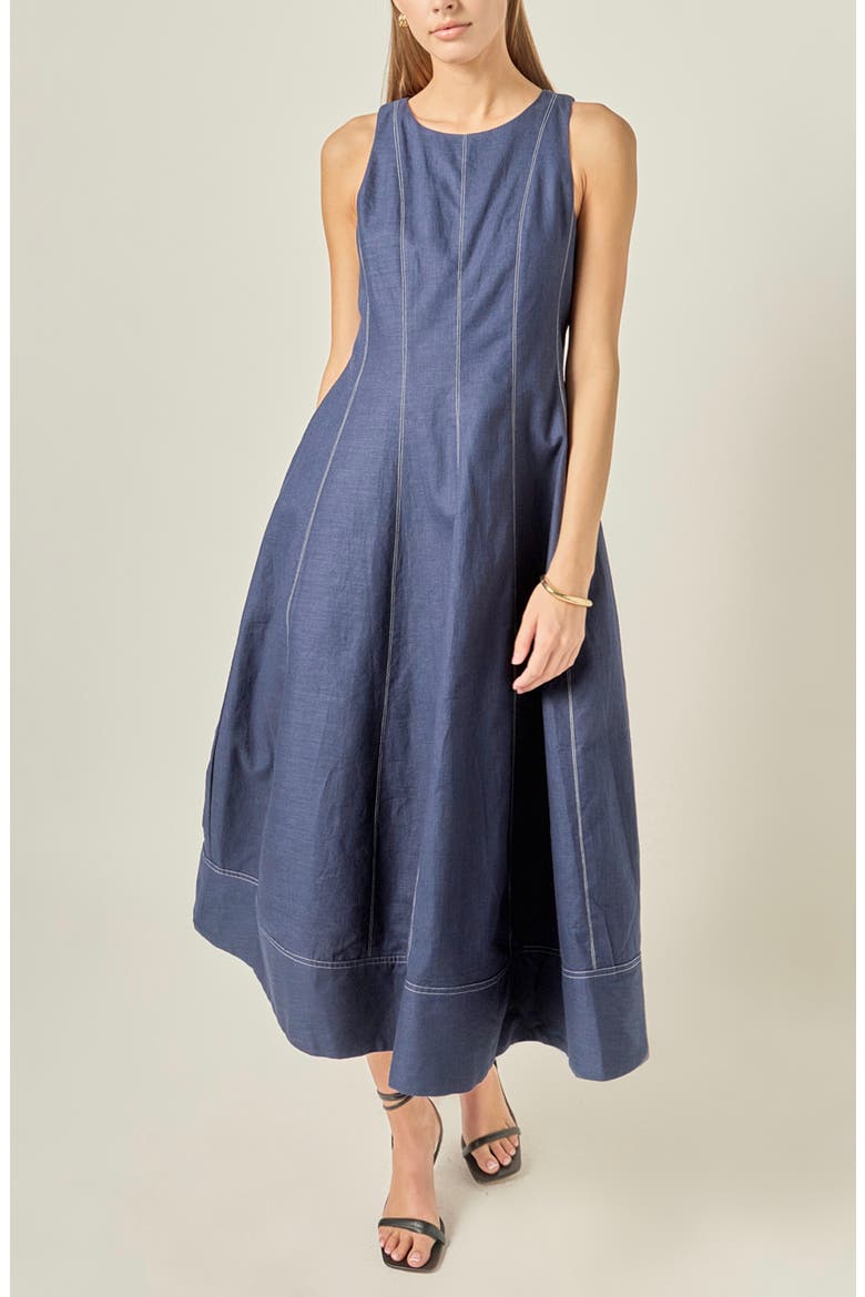 Stitch Detail Linen Midi Dress, Alternate, color, NAVY