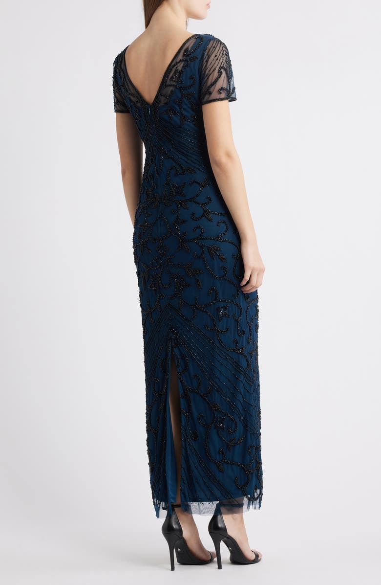 Pisarro Nights Beaded Mesh Column Gown, Alternate, color, Peacock 405