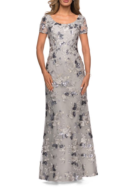 LA FEMME LA FEMME FLORAL SHORT SLEEVE FORMAL DRESS WITH SCOOP NECK