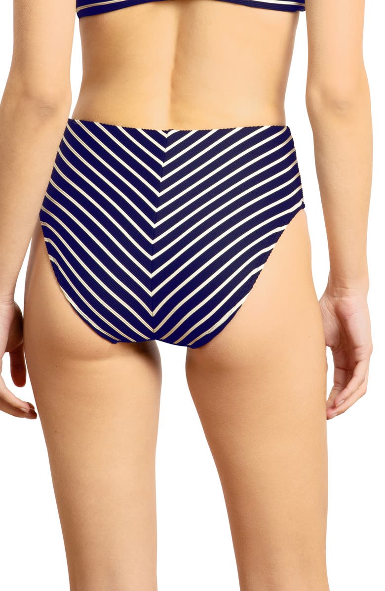 Robin Piccone Parker Stripe High Waist Rib Bikini Bottoms, Alternate, color, Navy/ White