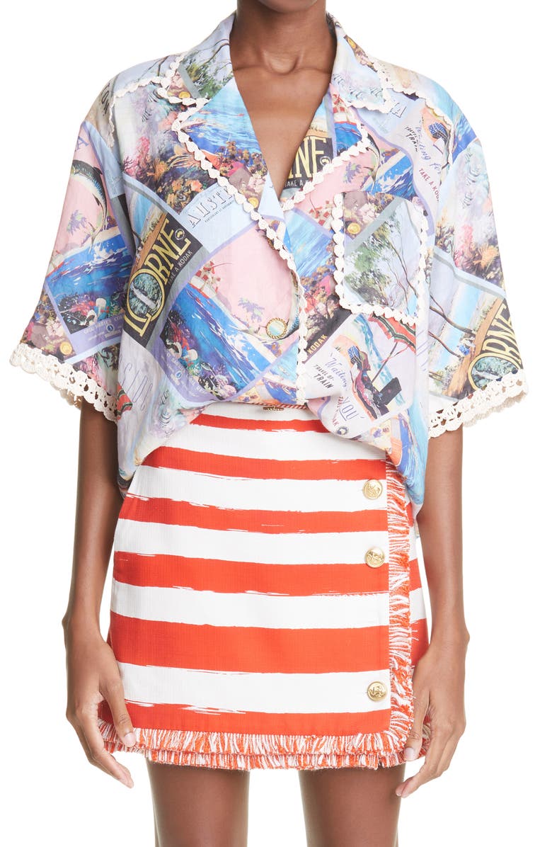 Zimmermann Postcard Print Oversize Ramie Button-Up Shirt, Main, color, 