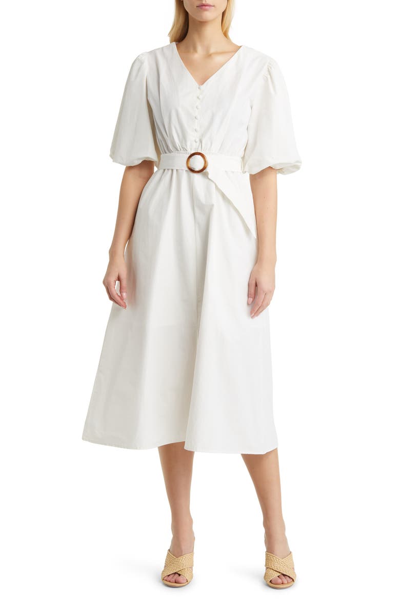 Balloon Sleeve Midi Dress, Main, color, WHITE