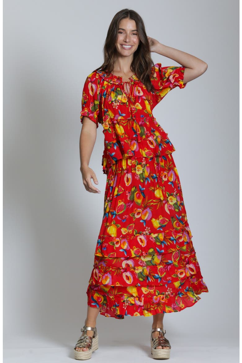 Tiered Ruched Tie Neck Top, Alternate, color, RED MULTI