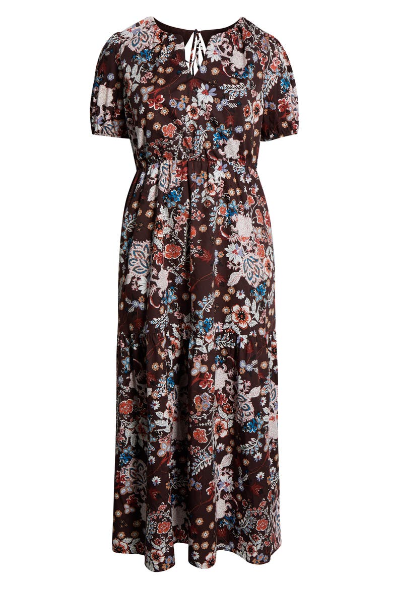 Journee Floral Print Puff Sleeve Maxi Dress, Alternate, color, BROWN