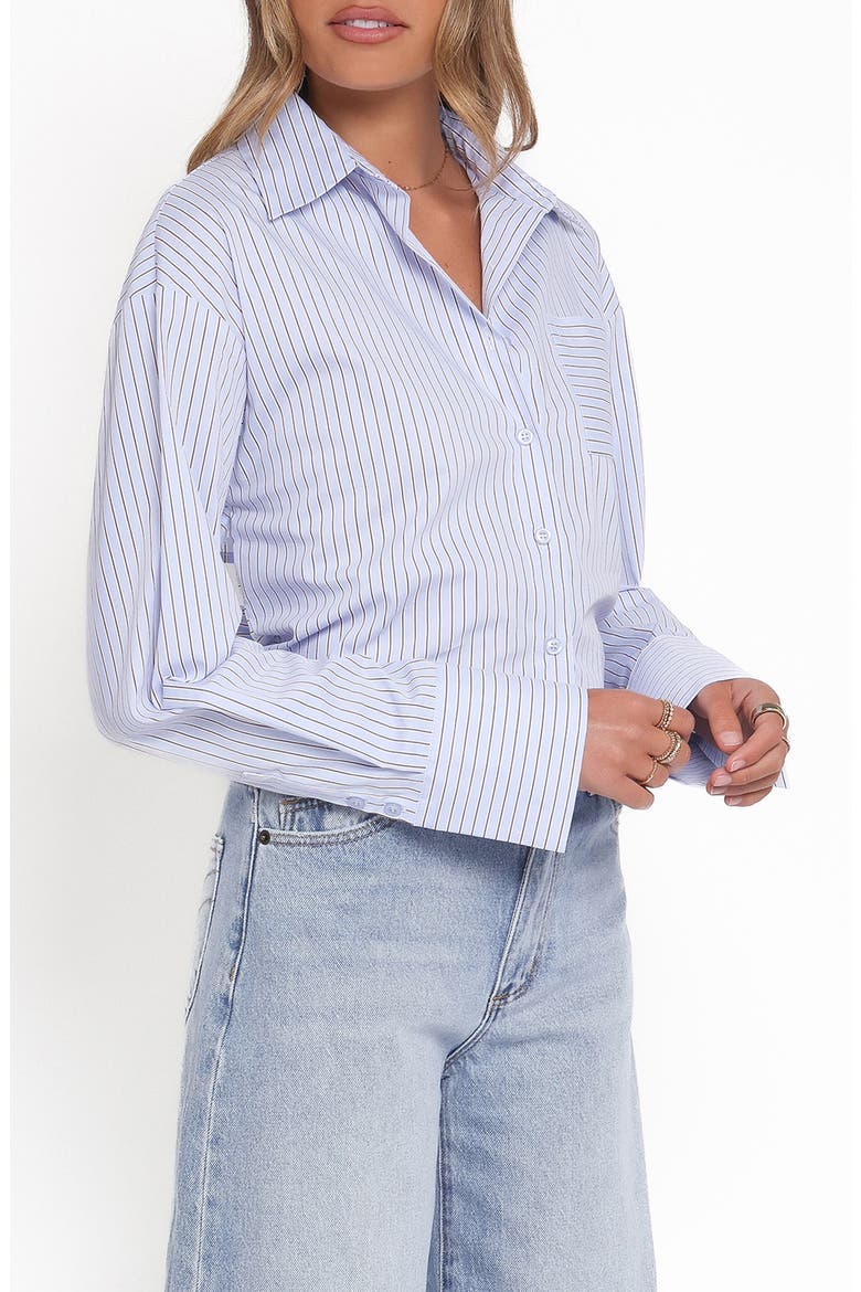 Vienne Stripe Tie Back Button-Up Shirt, Alternate, color, BLUE/ BROWN STRIPE