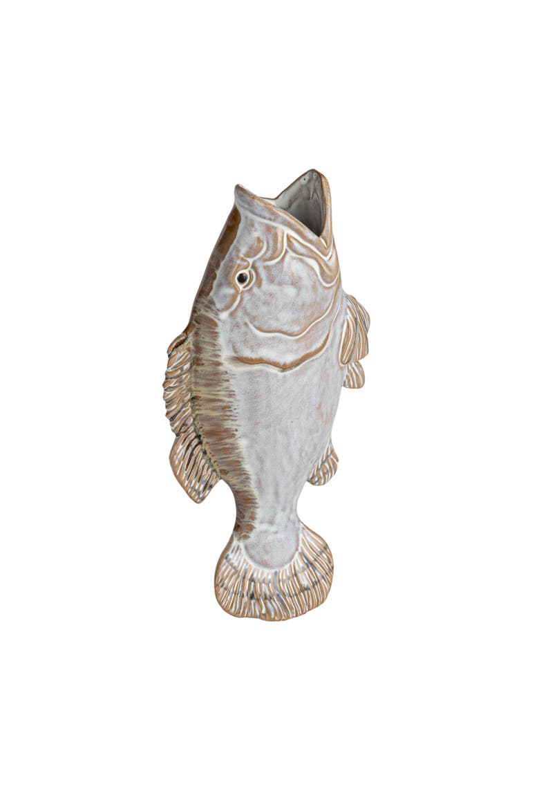 Stoneware Fish Shaped Wall Vase with Reactive Glaze, White and Tan, Main, color, Cream