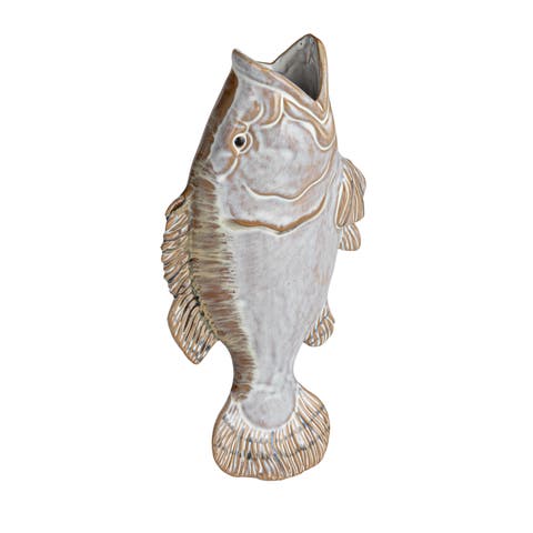 Stoneware Fish Shaped Wall Vase with Reactive Glaze, White and Tan