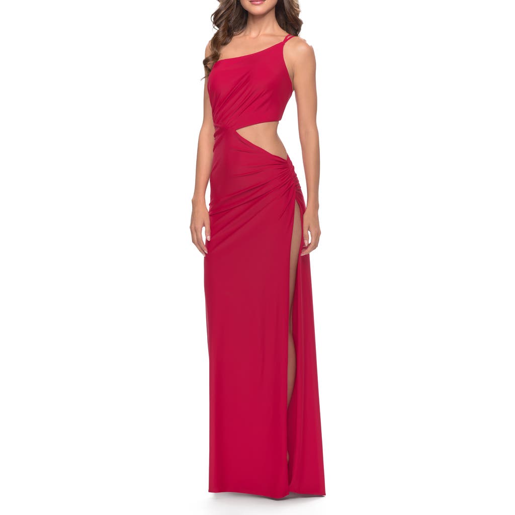 La Femme One Shoulder Dress With Side Cut Out And Unique Back In Red