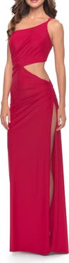 La Femme One Shoulder Dress with Side Cut Out and Unique Back