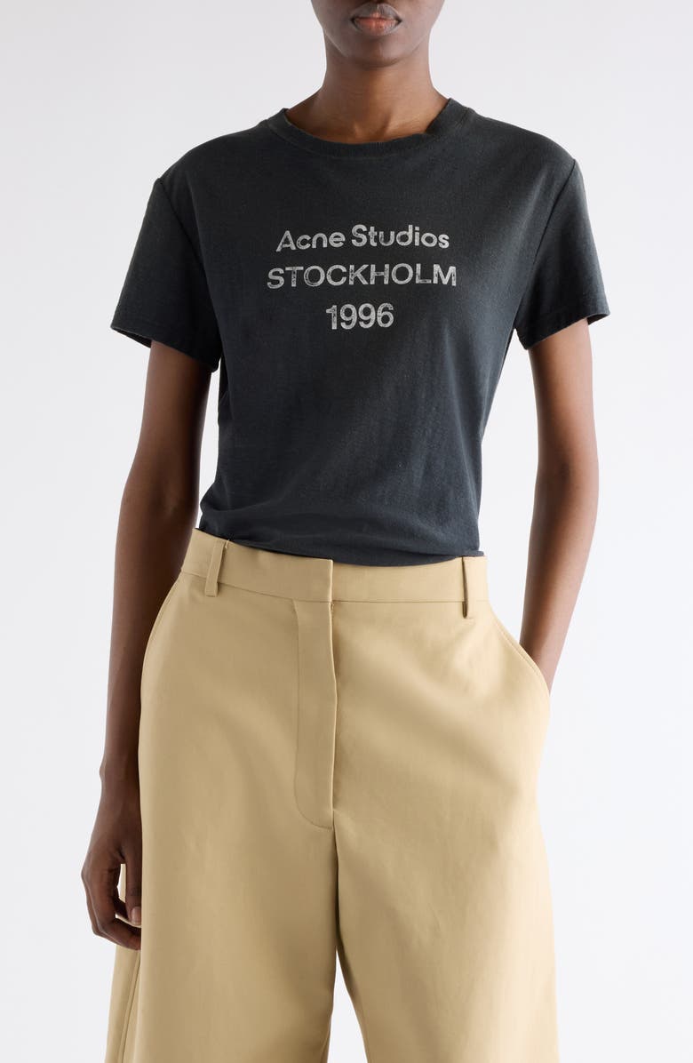 Acne Studios 1996 Logo Distressed Cotton & Hemp Graphic Tee, Main, color, Faded Black