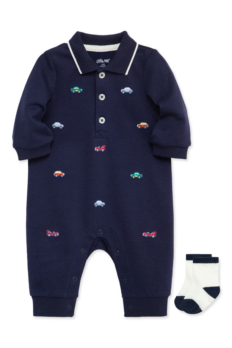 Cars Embroidered Romper & Socks Set, Alternate, color, BLUE
