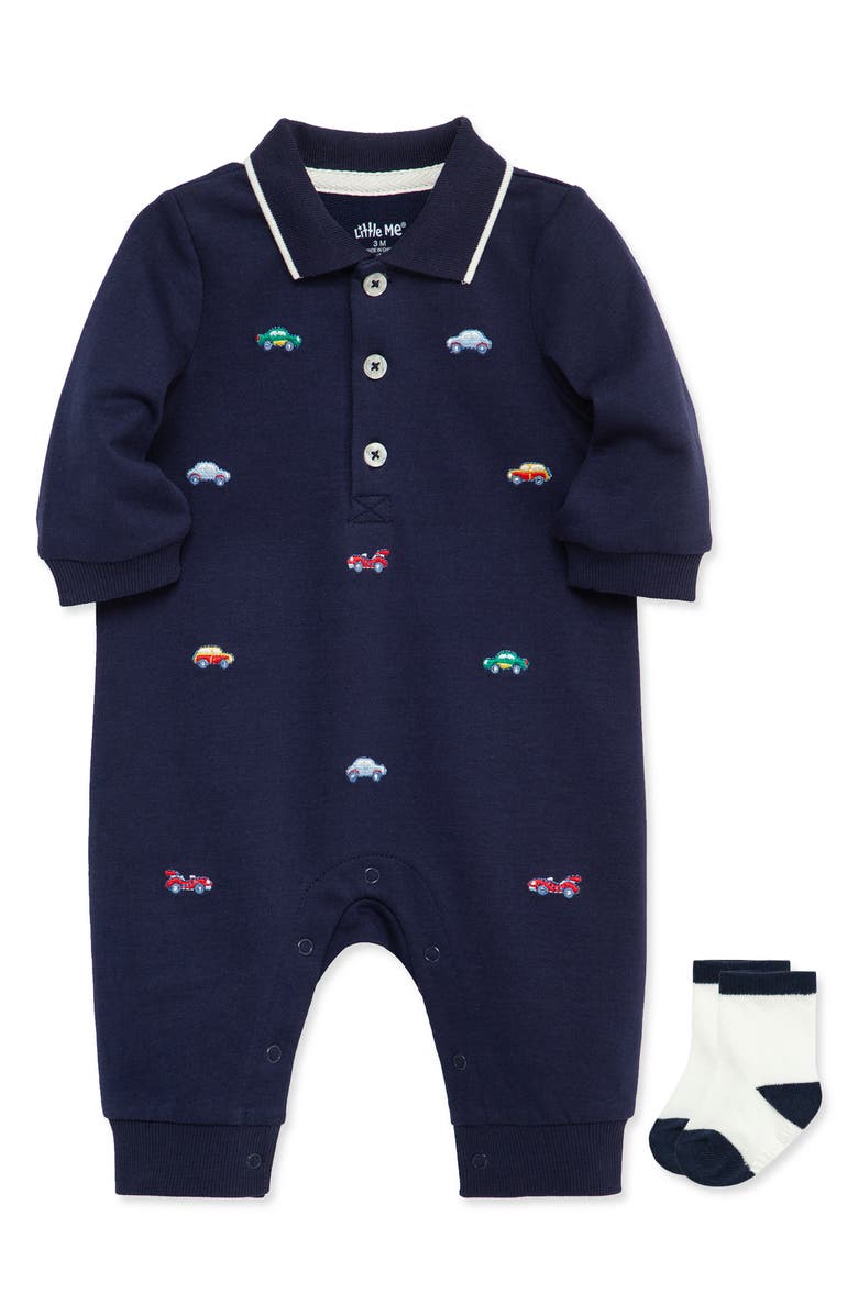 Little Me Cars Embroidered Romper & Socks Set, Alternate, color, Blue