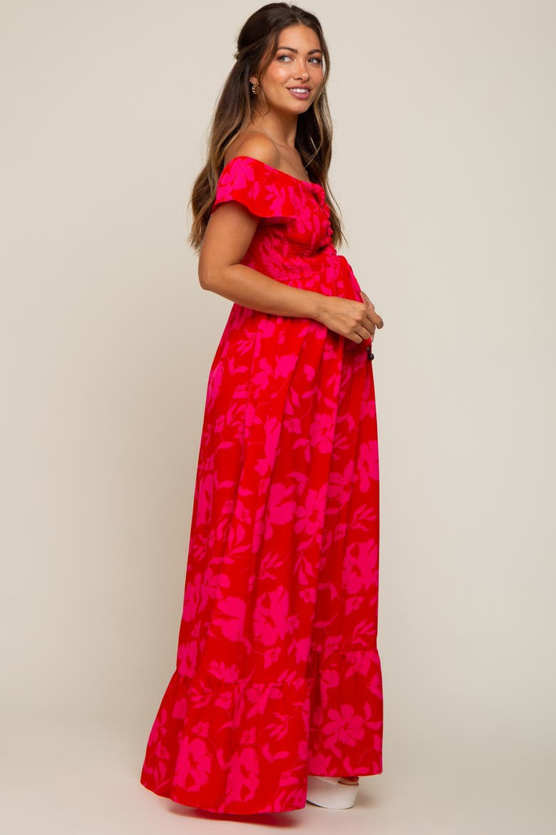 Floral Smocked Cinched Top Maxi Dress, Alternate, color, Red