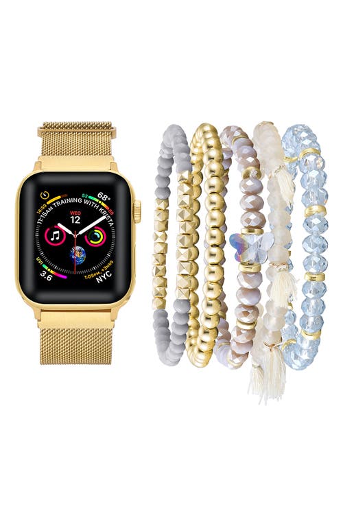 The Posh Tech Beaded Bracelet & Mesh Apple Watch® Watchband Set in Gold